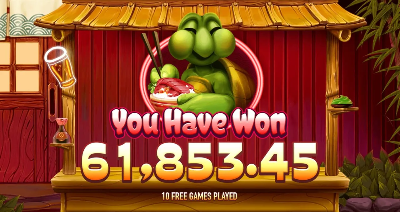Hey Sushi: The closing banner of the free games: a green turtle with chopsticks and a...