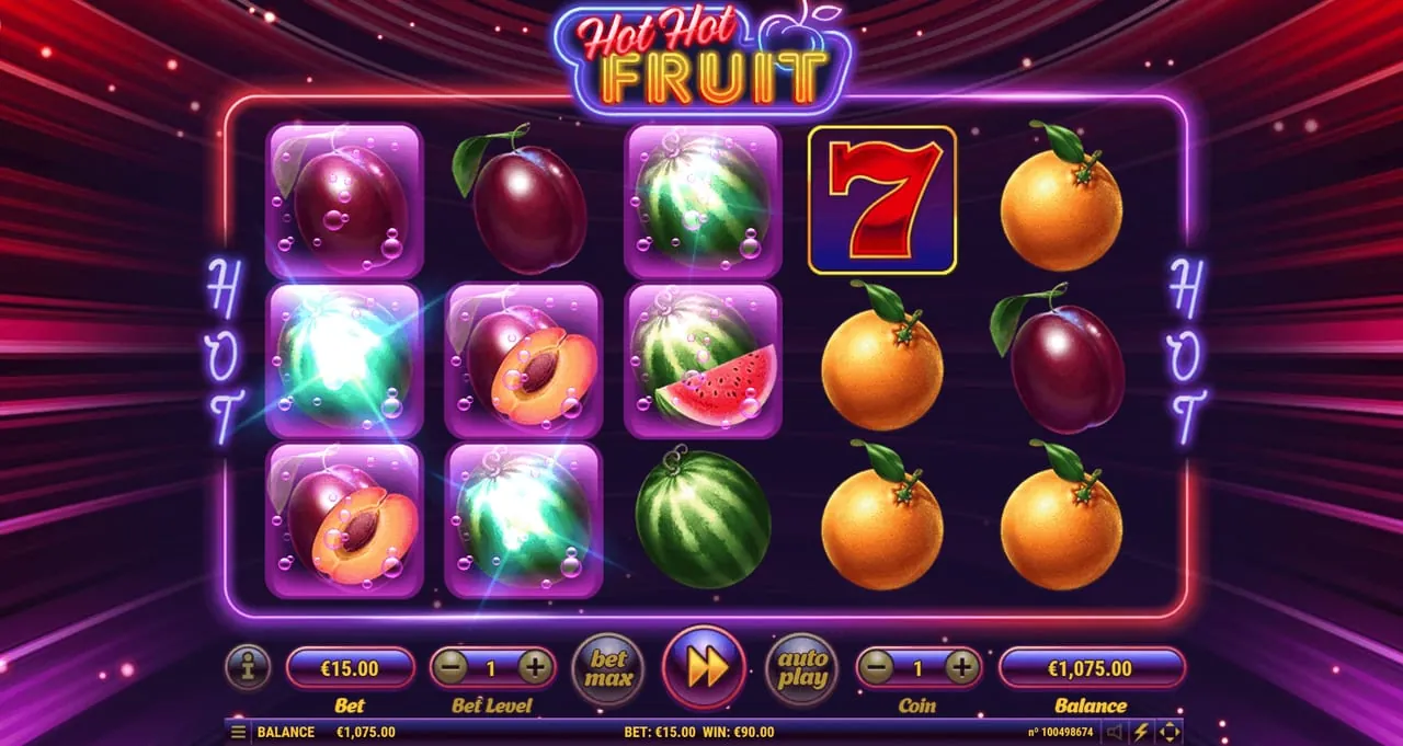 Hot Hot Fruit: The Hot Hot feature firing. The lit symbols on the left three reels are the...