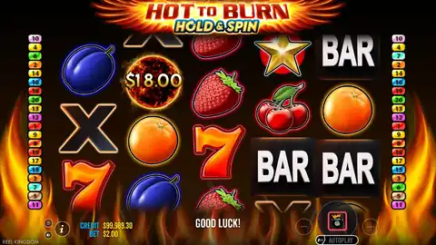 Hot to Burn Hold and Spin: One base-game spin at a $2.00 bet, about five seconds: the fifth reel stops...