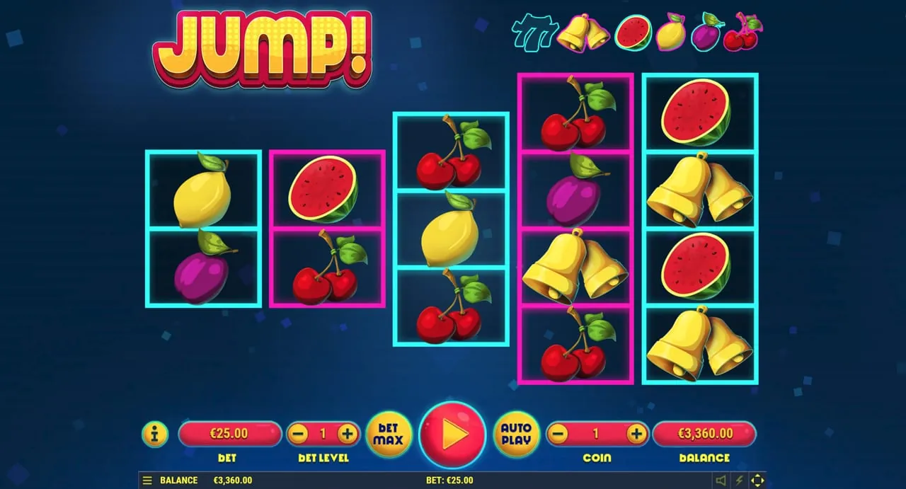 Jump!: Habanero's shot of the base game: five reels of two, two, three, four and...