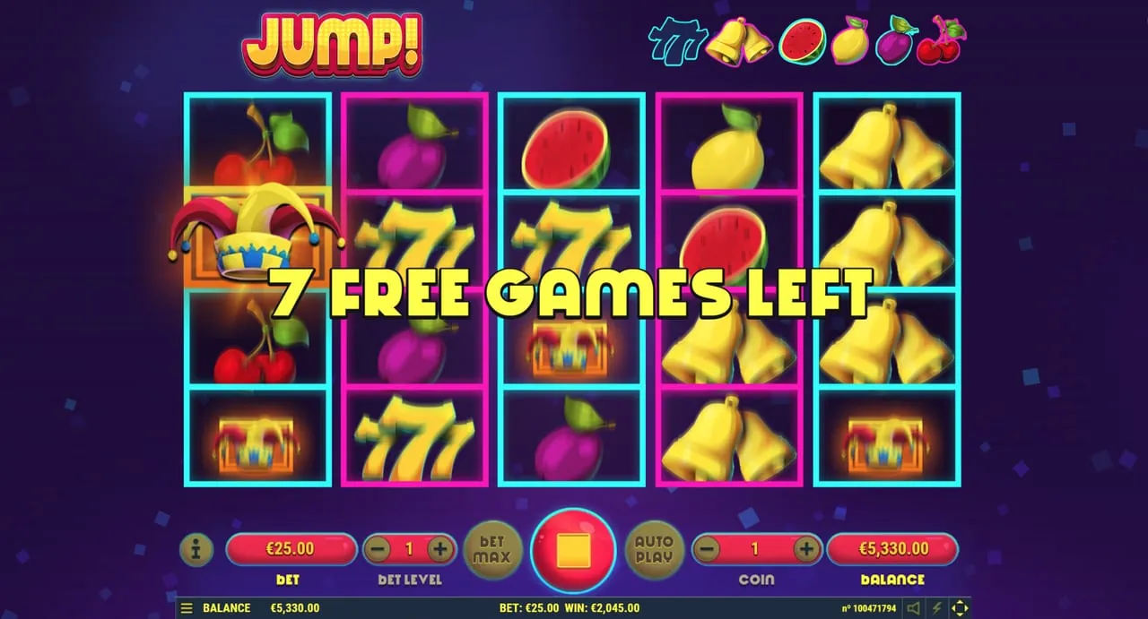 Jump!: Free games on a purple background with every reel four rows tall: the jester...