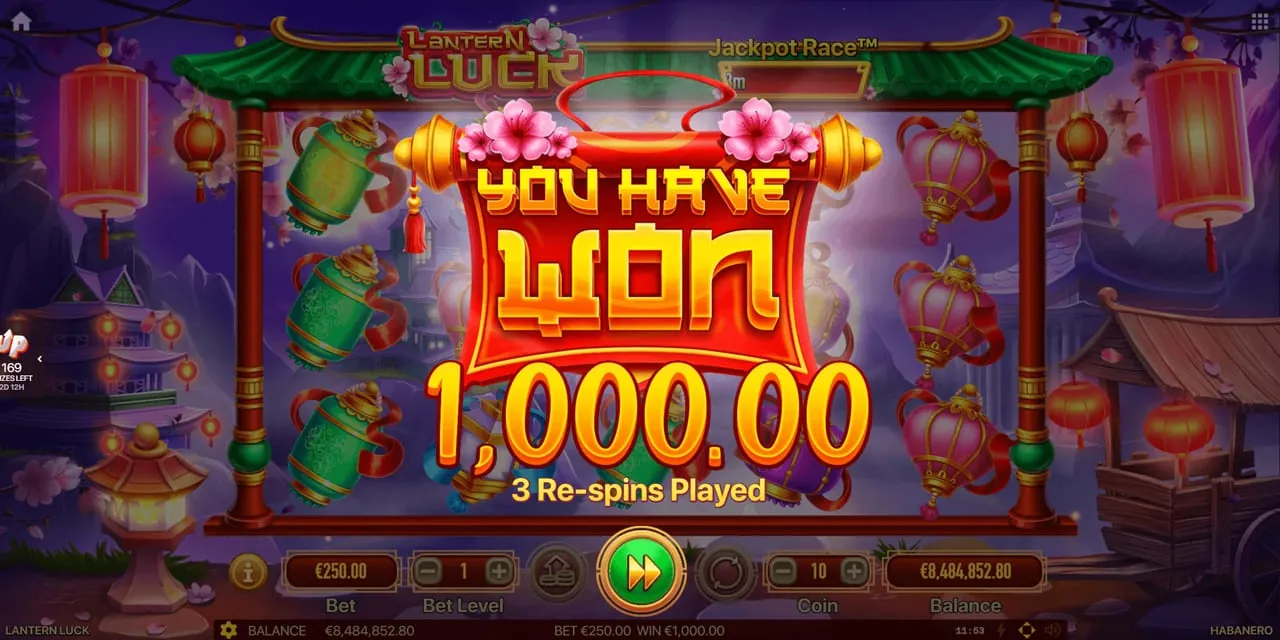 Lantern Luck: The closing banner of a feature, YOU HAVE WON 1,000.00 with '3 Re-spins...