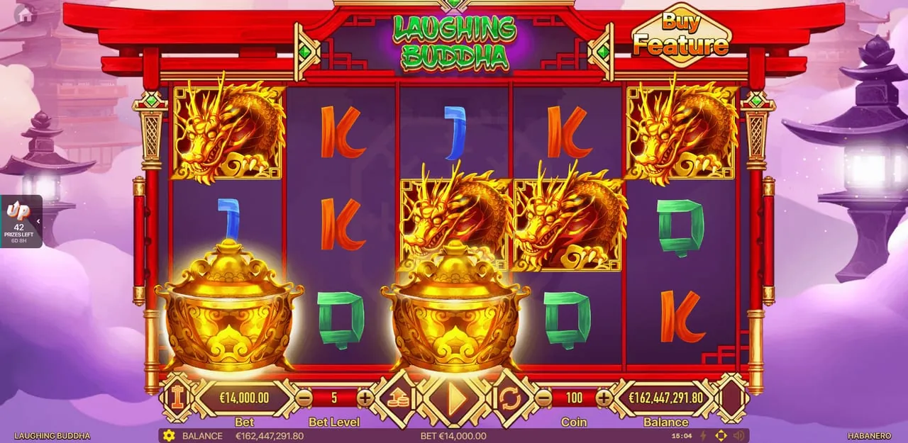 Laughing Buddha: The base game under a red temple gate: golden pot scatters at the foot of...