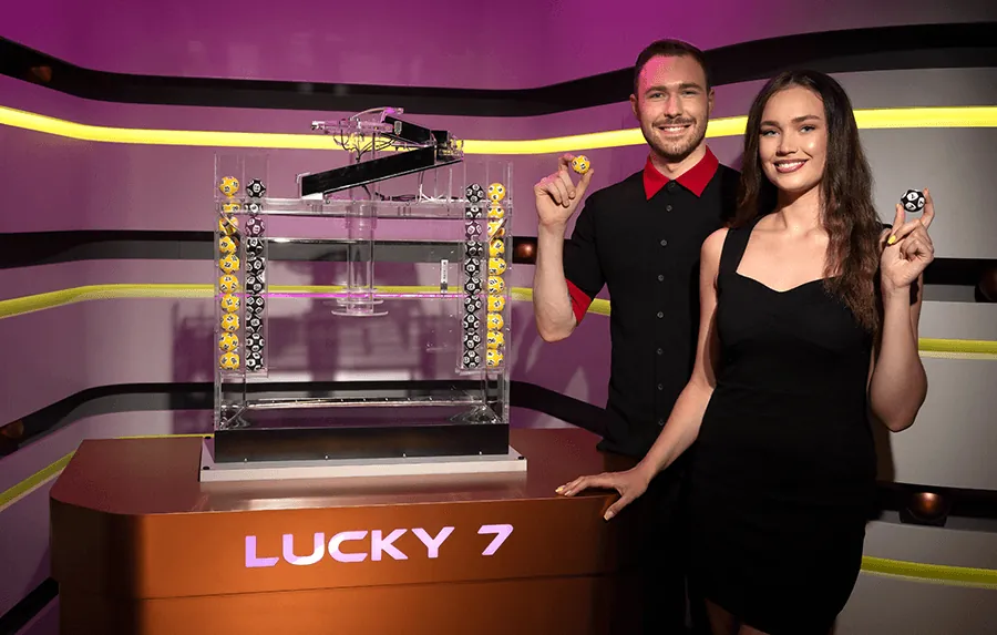 Lucky 7: BetGames' studio photo of the Lucky 7 set: the drawing machine with yellow...