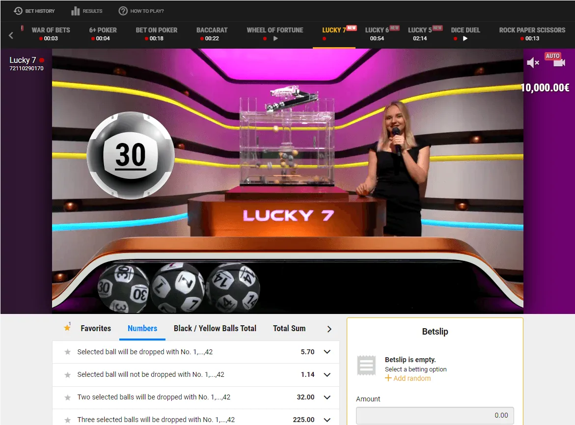 Lucky 7: BetGames' own screenshot of the Lucky 7 betting screen during a draw: ball...