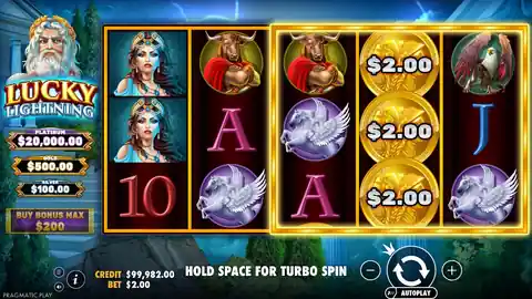 Lucky Lightning: One spin from Pragmatic Play's free demo at a $2.00 bet, about ten seconds....