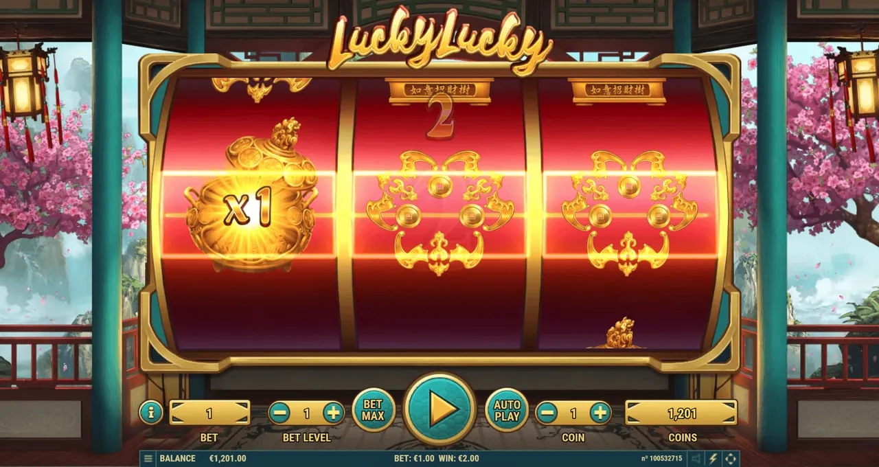 Lucky Lucky: The wild, a lidded gold pot, marked x1 on the first reel, beside two round...