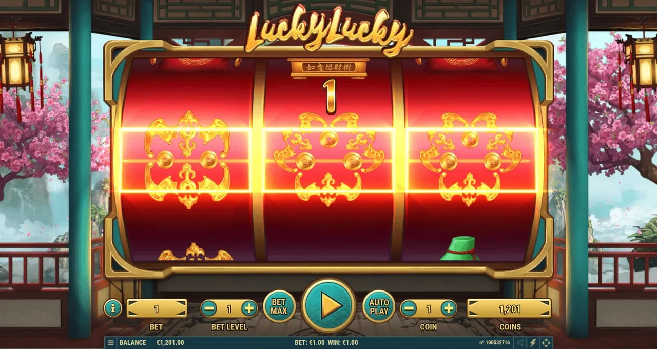Lucky Lucky: Three gold ornaments on the lit line: one with a coin at each side on the...