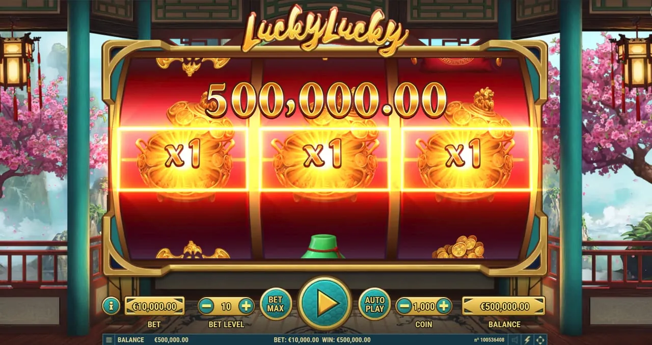 Lucky Lucky: Three gold pot wilds on the line, each marked x1, under the figure...