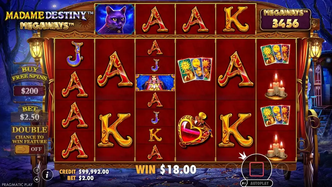 Madame Destiny Megaways: A win in Pragmatic Play's free demo at a $2.00 bet: aces run across the...