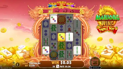 Mahjong Wins Triple Pot: The same win in motion: the three tiles light up, the counter climbs to...