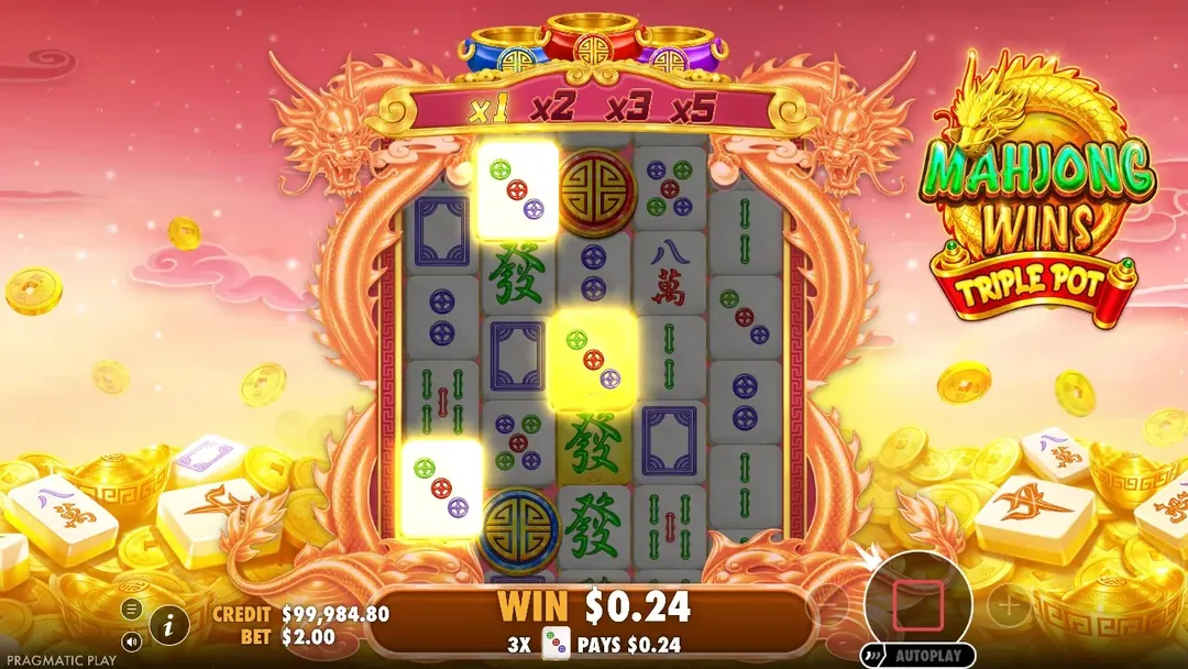 Mahjong Wins Triple Pot: A win in Pragmatic Play's free demo at a $2.00 bet: three tiles with three...