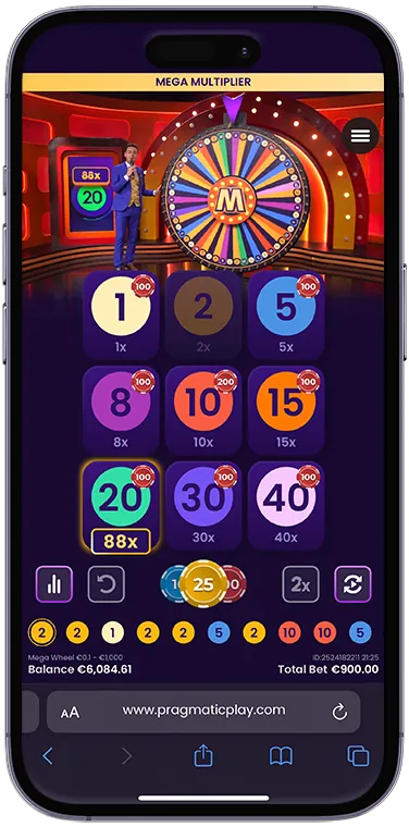 Mega Wheel: Pragmatic's image of the game on a phone: a MEGA MULTIPLIER bar across the...