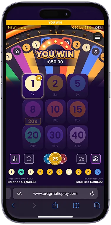 Mega Wheel: Pragmatic's image of a win on a phone: a YOU WIN bar and a ticker of 911...