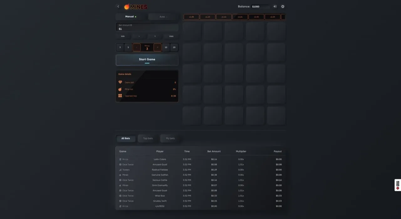 Mines: The studio's own screenshot of Mines before a round, in dollars (Balance...