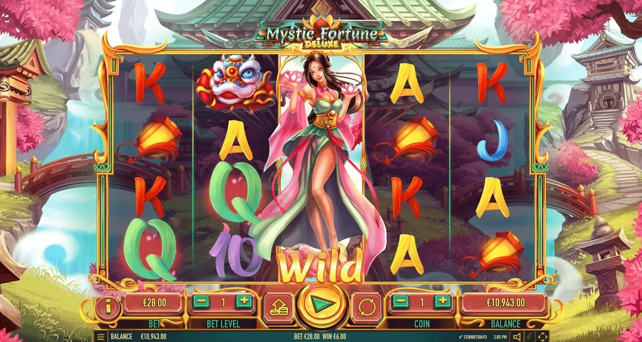 Mystic Fortune Deluxe: Five reels of four rows on a daytime board, with the wild, a robed woman...