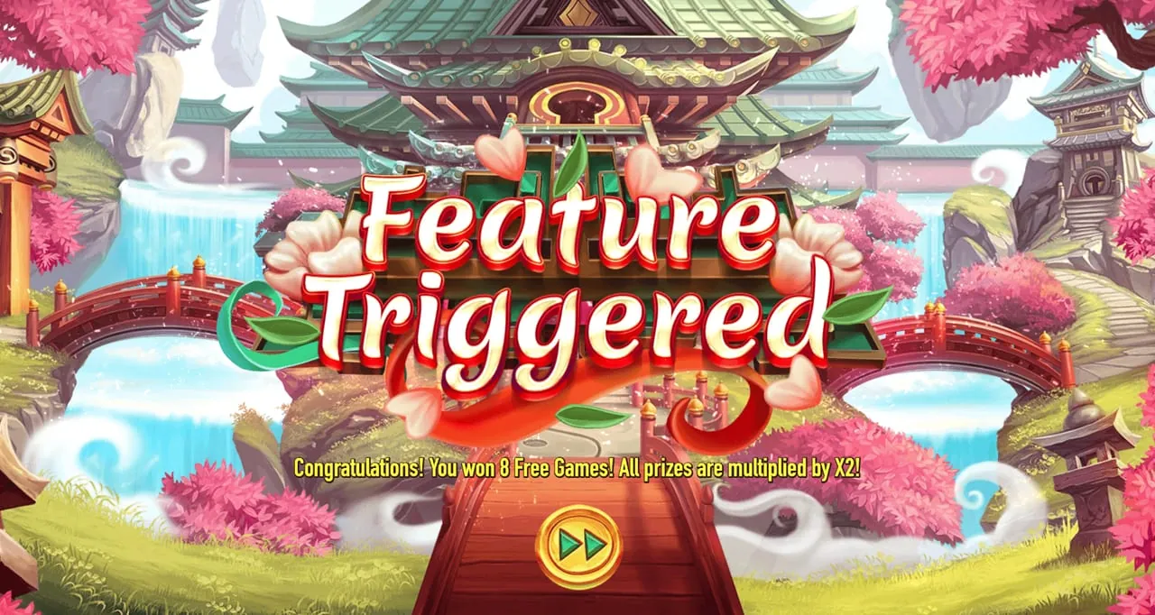 Mystic Fortune Deluxe: The Feature Triggered screen, in the game's own words: 8 free games won,...