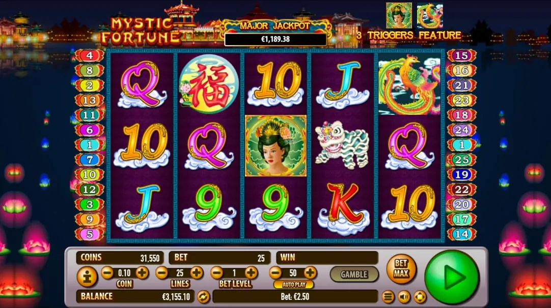 Mystic Fortune: Habanero's shot of the five reels at night: a gold fortune coin on reel two,...