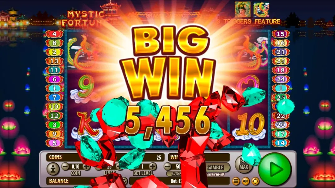 Mystic Fortune: A BIG WIN banner over the reels in Habanero's shot, with 5,456 in large gold...