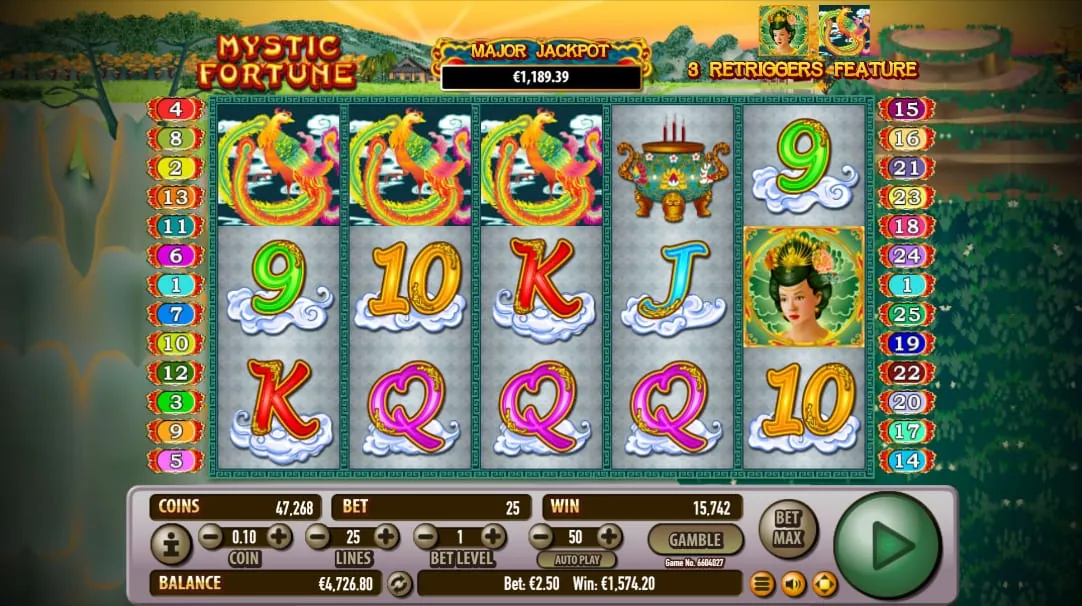 Mystic Fortune: A daytime board under the heading 3 RETRIGGERS FEATURE in Habanero's shot:...