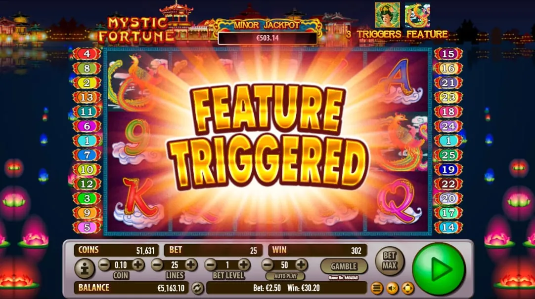 Mystic Fortune: The FEATURE TRIGGERED screen in Habanero's shot, with phoenix symbols...