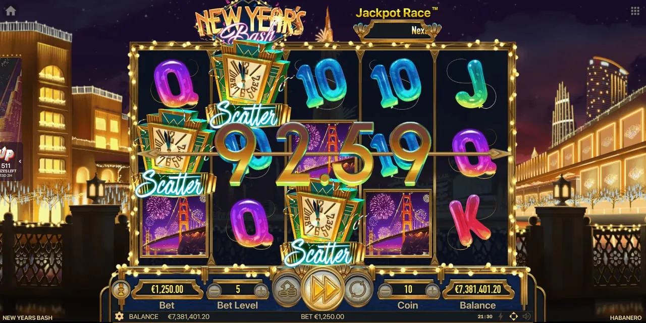 New Years Bash: Three art deco clocks, each with a neon Scatter sign, on reels one, two and...