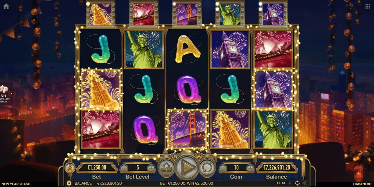 New Years Bash: The free games over a city at night: five city tiles above the reels, each...