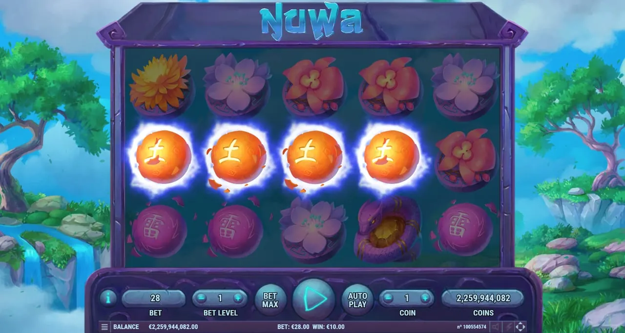 Nuwa: Four orange Earth orbs glow along the middle row from reel one to reel four,...