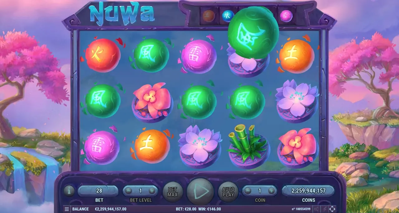 Nuwa: Free games under pink blossom trees: a large green Wind orb hangs over the...