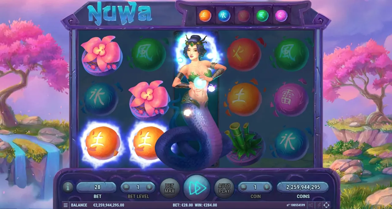 Nuwa: The goddess stands over the third reel as a full figure with a coiled...