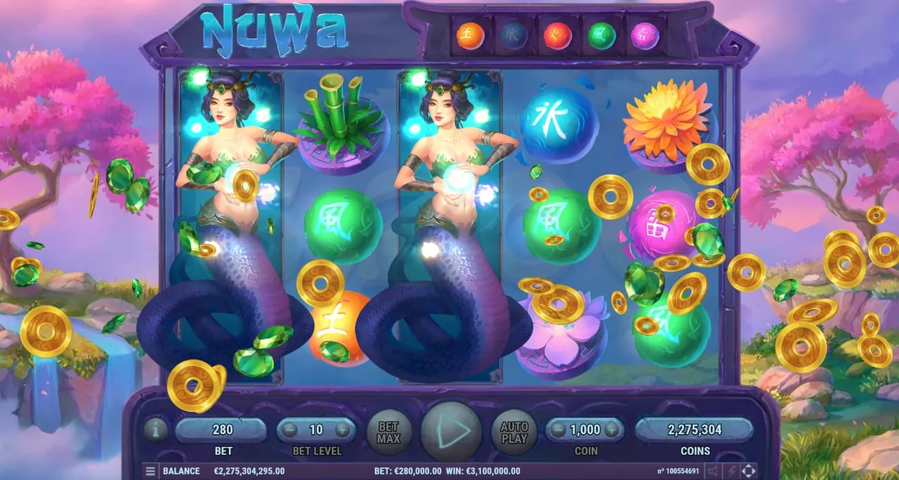 Nuwa: Two goddesses stand over reels one and three at once, four of the five orbs...