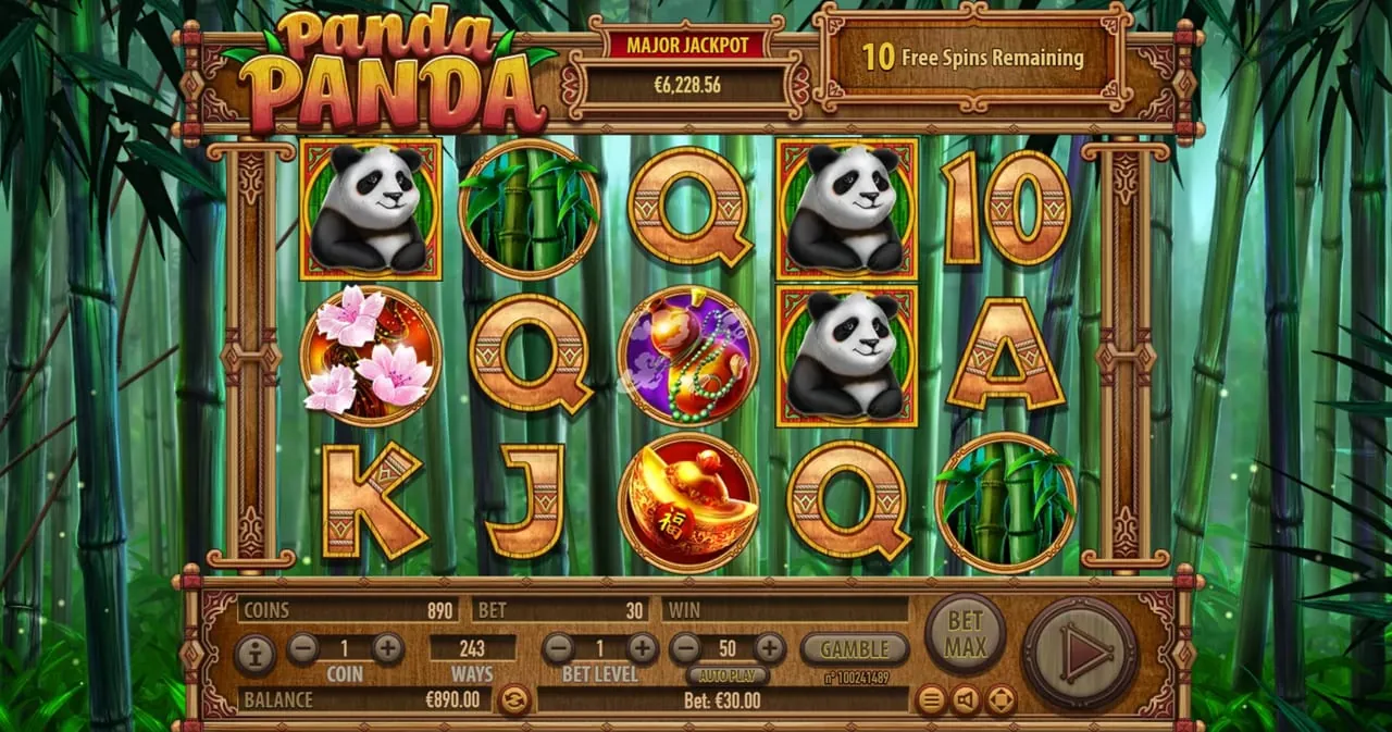 Panda Panda: A free game against a bamboo forest, with '10 Free Spins Remaining' above...