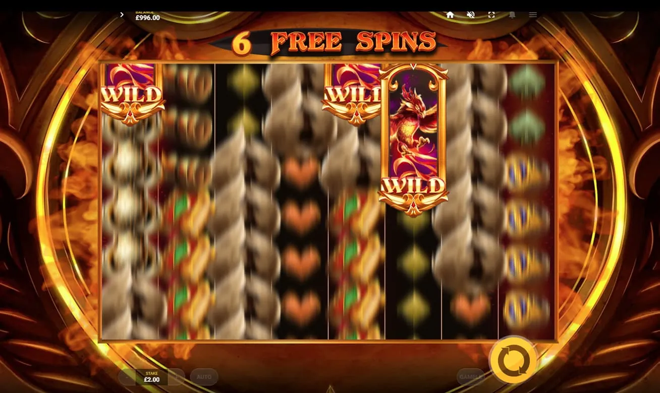 Phoenix Fire Power Reels: Red Tiger's own screenshot of a free spin: the counter reads 6 FREE SPINS, a...