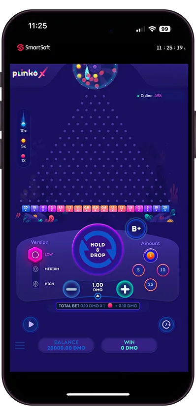 PlinkoX: SmartSoft's phone screenshot of the Low version: 17 slots by our count, from...