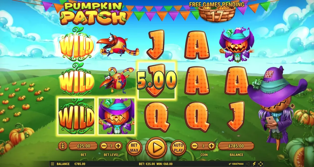 Pumpkin Patch: A base-game win in Habanero's shot: reel one is all WILD signs, two crows...