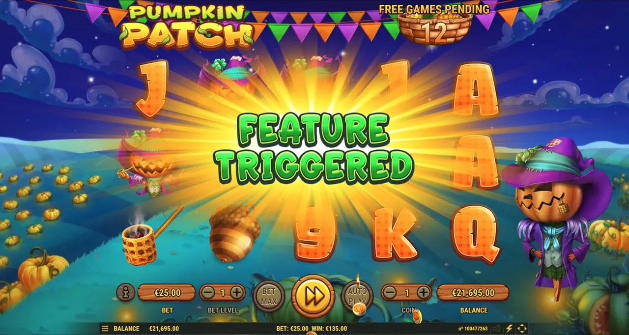 Pumpkin Patch: A night-time screen in Habanero's shot: FEATURE TRIGGERED in green letters...