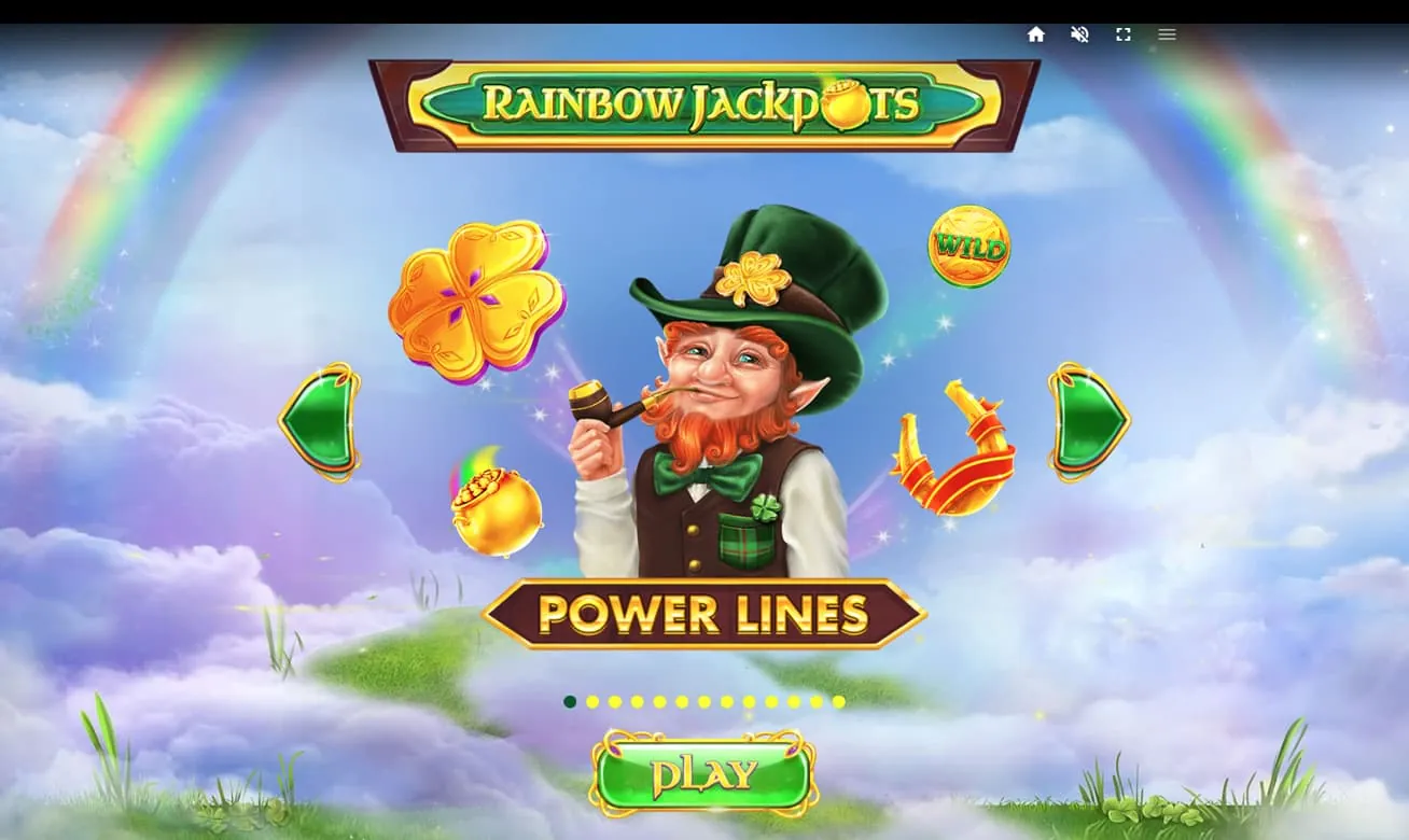 Rainbow Jackpots Power Lines: Red Tiger's own intro screenshot: the leprechaun with his pipe under the...