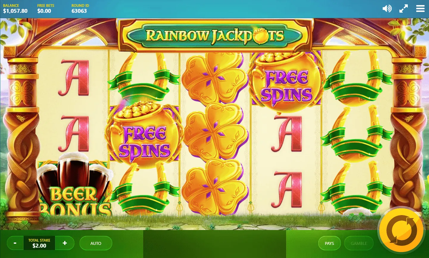 Rainbow Jackpots: Red Tiger's own screenshot of the base game at a $2.00 stake: five reels of...