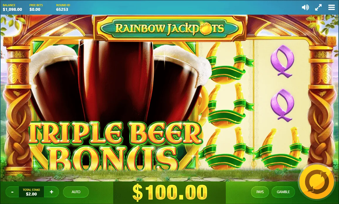 Rainbow Jackpots: Red Tiger's own screenshot of the Triple Beer Bonus: a big symbol of three...