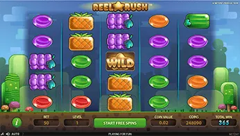 Reel Rush: NetEnt's own screenshot of Reel Rush with the full grid of five reels and...
