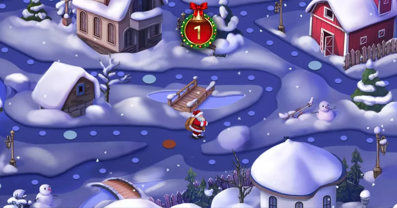 Santa's Village: The village map in Habanero's shot: Santa with his sack on a path of small...