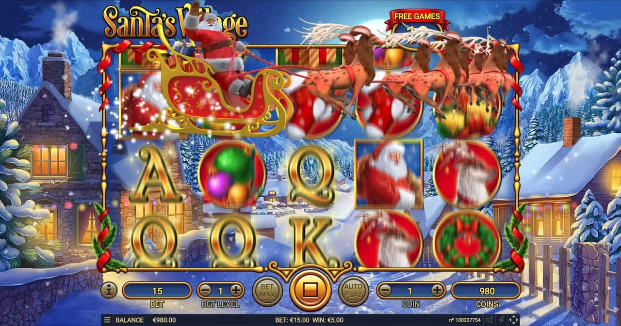 Santa's Village: A free game with Santa's sleigh and a team of reindeer flying across the top...