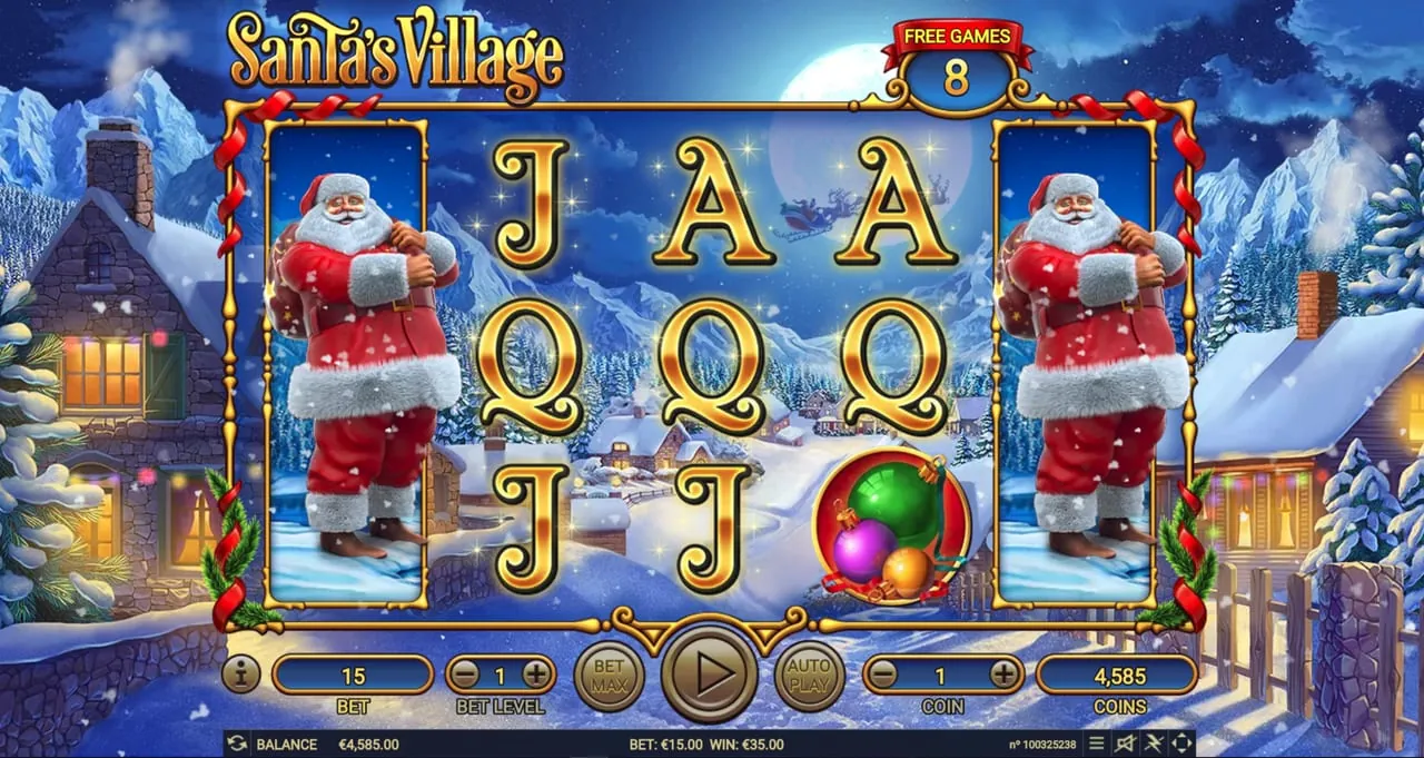 Santa's Village: Free games with FREE GAMES 8 above the reels: Santa stands over the whole of...