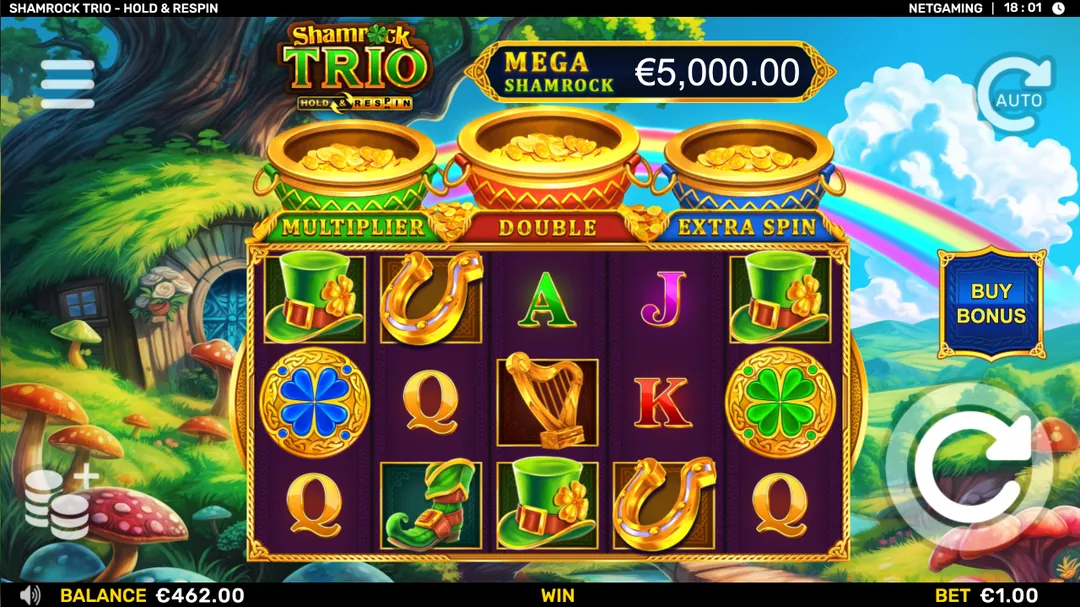 Shamrock Trio - Hold & Respin: NetGaming's shot of the base game: a blue clover coin on reel 1 and a green...