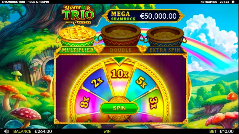 Shamrock Trio - Hold & Respin: The multiplier wheel in NetGaming's shot: wedges of 2x, 3x, 5x, 8x and 10x...