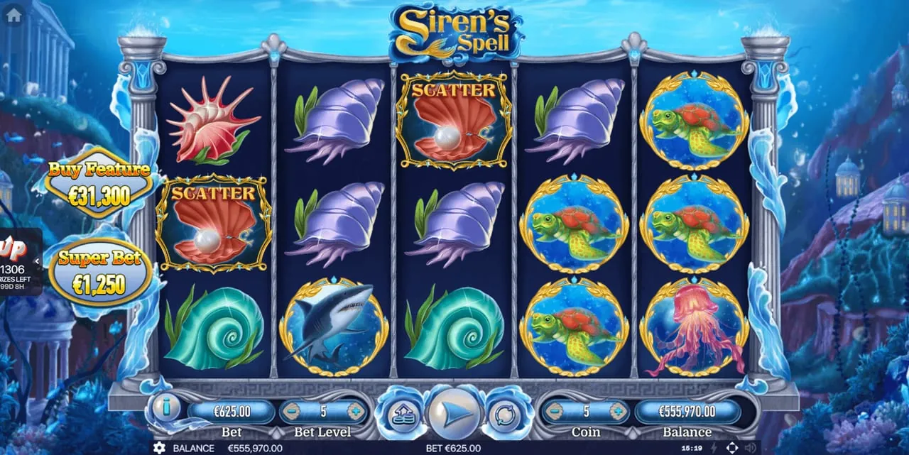 Siren's Spell: The base game at a bet of €625.00, bet level 5 and coin 5: two red clam...