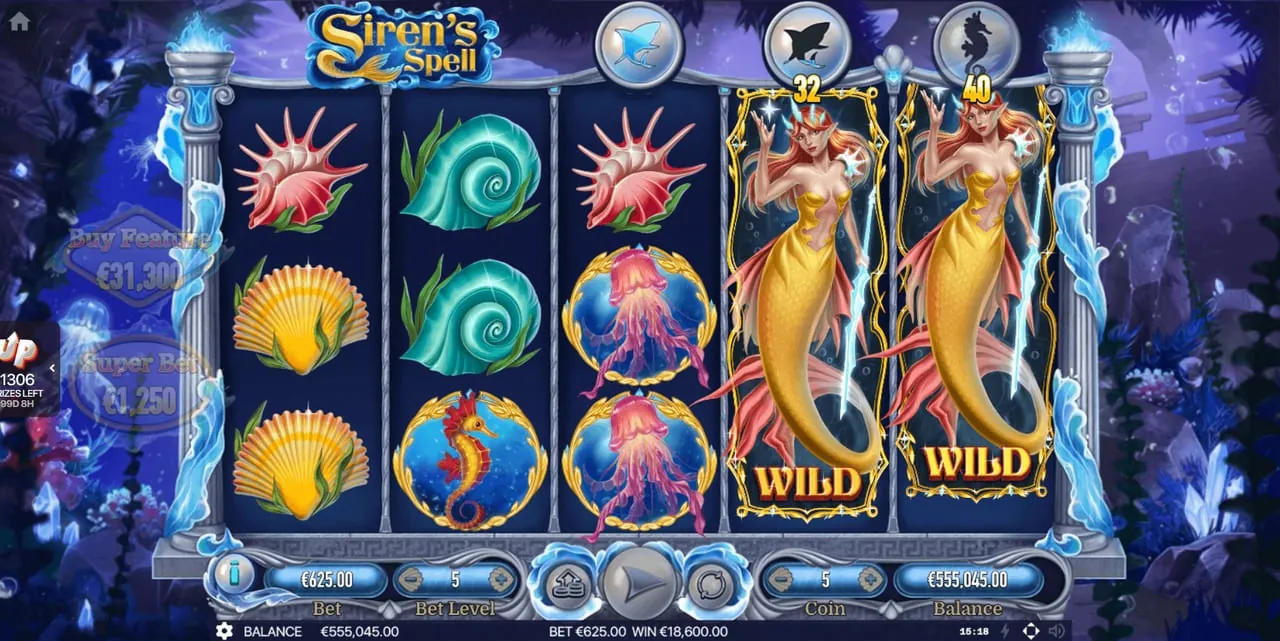 Siren's Spell: A free game on a violet background: the siren fills reels four and five as...
