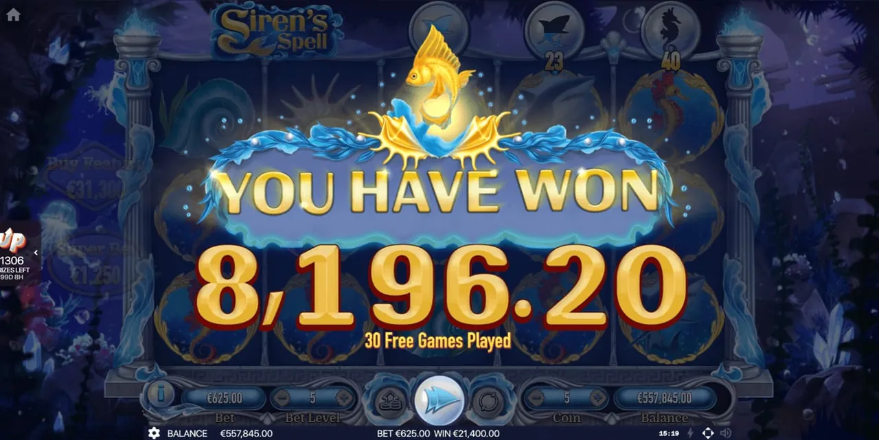 Siren's Spell: The closing banner of a round: 'YOU HAVE WON 8,196.20' and '30 Free Games...