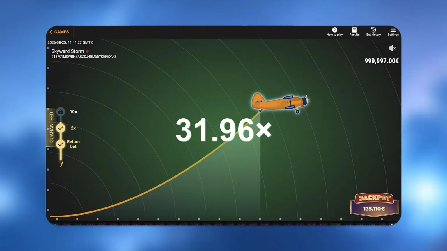 Skyward Storm: BetGames' own image of a Skyward Storm flight at 31.96x: the orange plane...