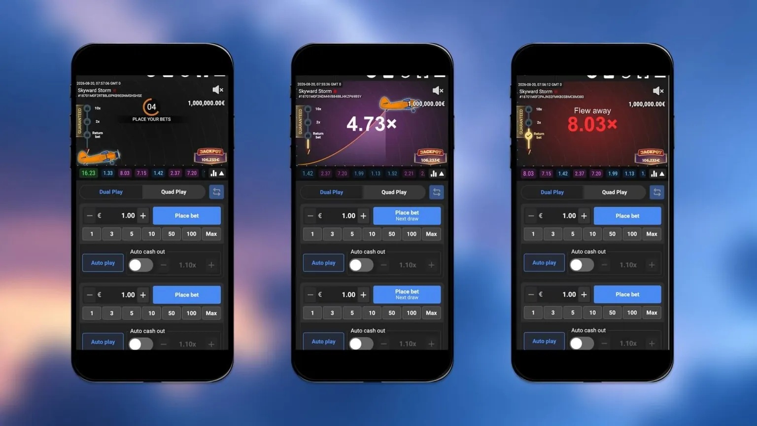 Skyward Storm: Three phone screens in BetGames' own image: a countdown at 04 with Place...